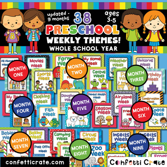 Preschool homeschool printable curriculum with worksheets and activities for: math, STEM, art, alphabet, other skills, and either a play dough or sensory bin activity.