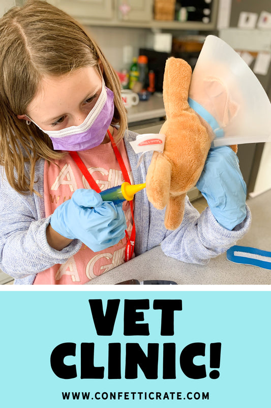 Veterinarian clinic dramatic play printables. This is the perfect indoor activity for kids to keep them busy and screen free. They will love playing with their stuffed animals. www.confetticrate.com