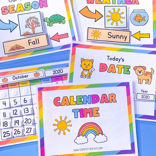 Morning calendar printables to put into a space saving binder. Your child will be able to put the day on the calendar, talk about what day it is, discuss the weather and discuss the season!