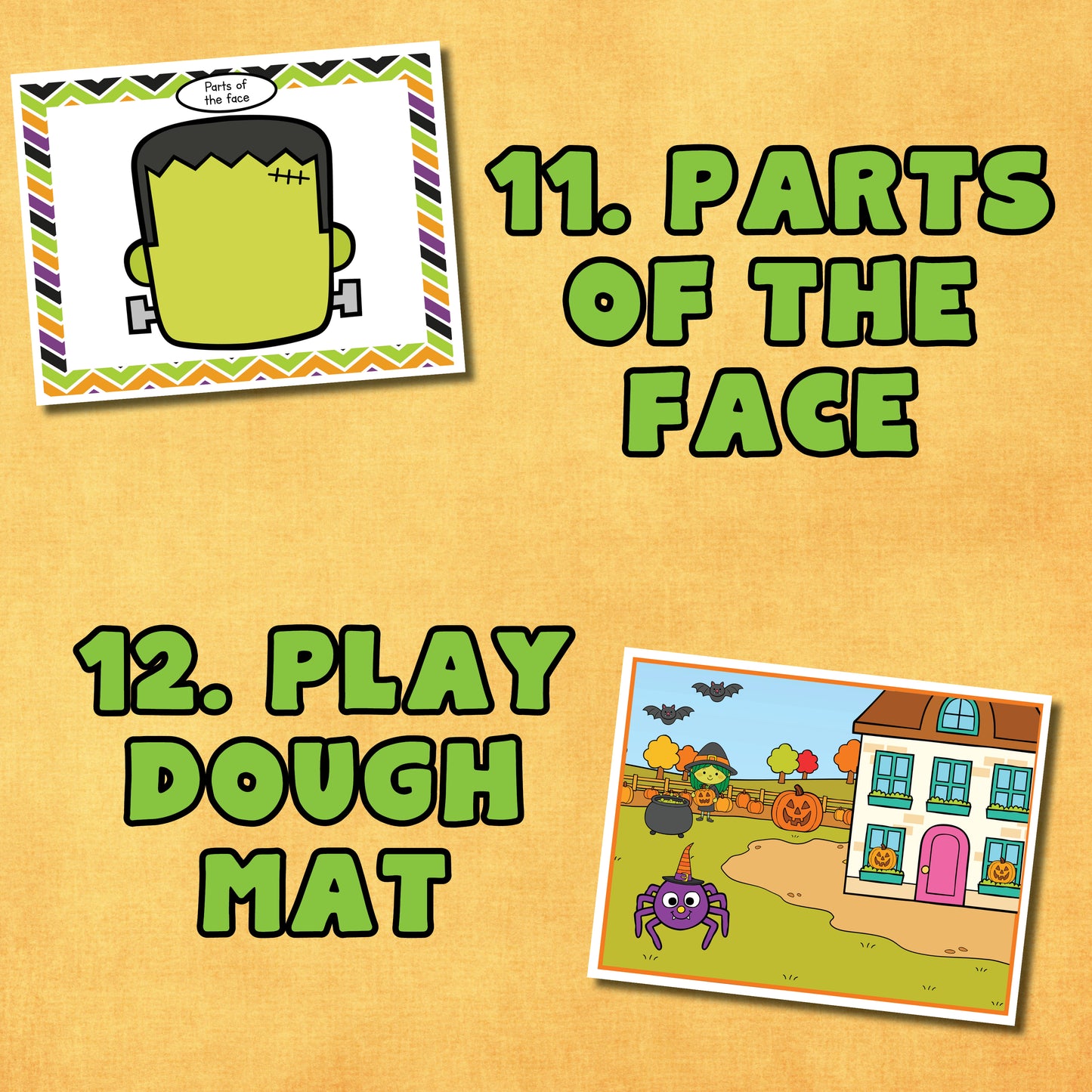 12 Preschool Halloween learning educational printable activities! This includes 19 printable pages. Includes an activity for: 1. colors 2. emotions 3. shapes 4. lowercase letters 5. trace 6. size 7. patterns 8. puzzle 9. categorize 10. numbers 1-10 11. face 12. play dough mat