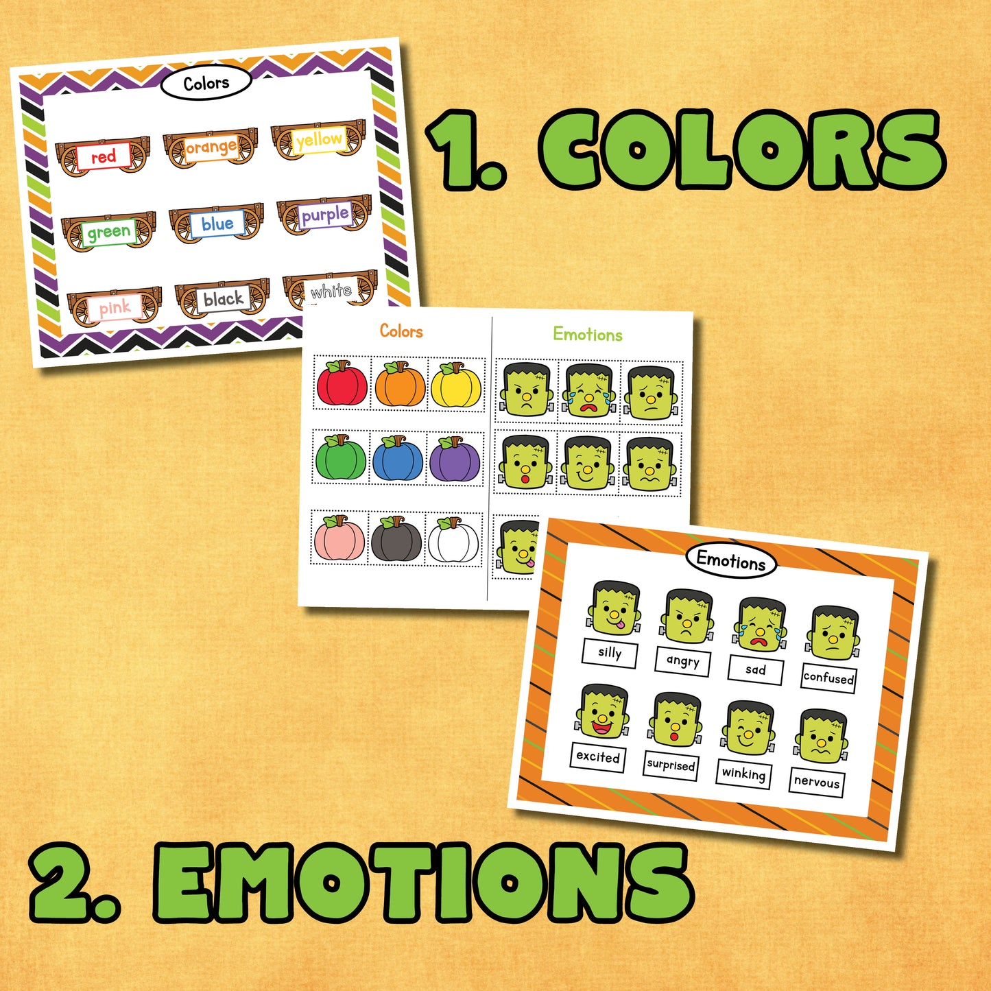 12 Preschool Halloween learning educational printable activities! This includes 19 printable pages. Includes an activity for: 1. colors 2. emotions 3. shapes 4. lowercase letters 5. trace 6. size 7. patterns 8. puzzle 9. categorize 10. numbers 1-10 11. face 12. play dough mat