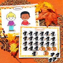 Load image into Gallery viewer, 13 fall learning activities for your preschooler in this fall printable busy book! Includes 20 printable pages that include these activities 1. colors 2. emotions 3. clothes for fall 4. shapes 5. sizes 6. letters - uppercase 7. patterns 8. puzzle 9. name 10. trace lines 11. categorize 12. Itsy Bitsy Spider song 13. play dough mat

