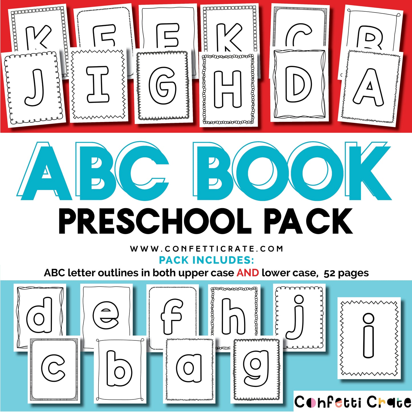 Preschool Alphabet Books with Upper Case and Lower Case Letters Outlined ABC books for the preschooler or Kindergartner to color or use in crafting projects. www.confetticrate.com