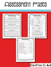 Load image into Gallery viewer, Preschool Assessment Forms with Cards for the Child  These assessment sheets assess the child’s ability with:  Letters  Shapes  Colors  Letter Sounds  Numbers  Misc. other questions. www.confetticrate.com
