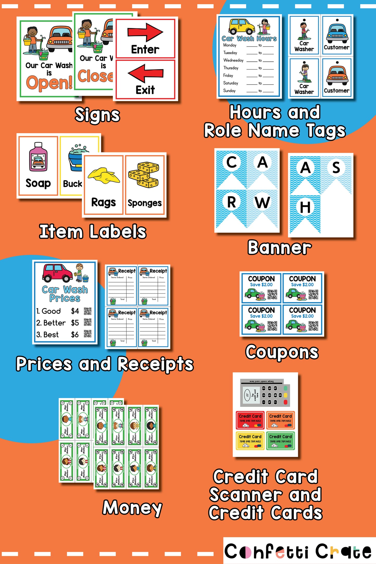 Car wash pretend play printables for kids.