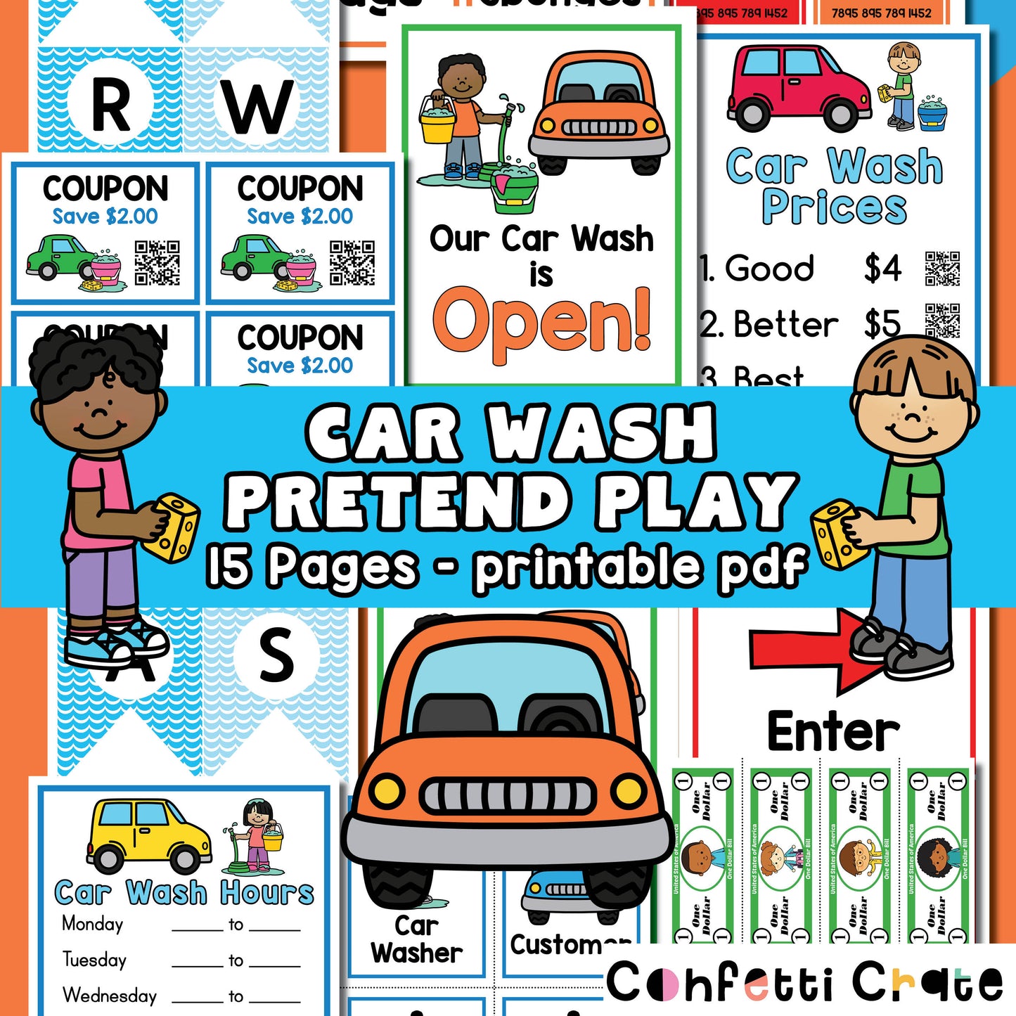 Car wash pretend play printables for kids.