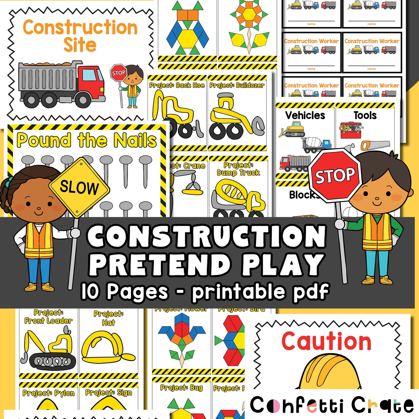 Construction pretend play printables for kids.