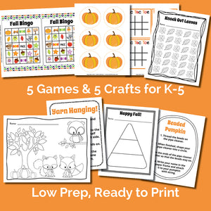 This pack has 5 crafts and 5 games for fall parties for classrooms from Kindergarten to 5th grade! You can use this pack as a parent volunteer or a classroom teacher to create a party with stations to rotate around.  BONUS: There is a FREE November bulletin board idea that uses one of the crafts from the pack!