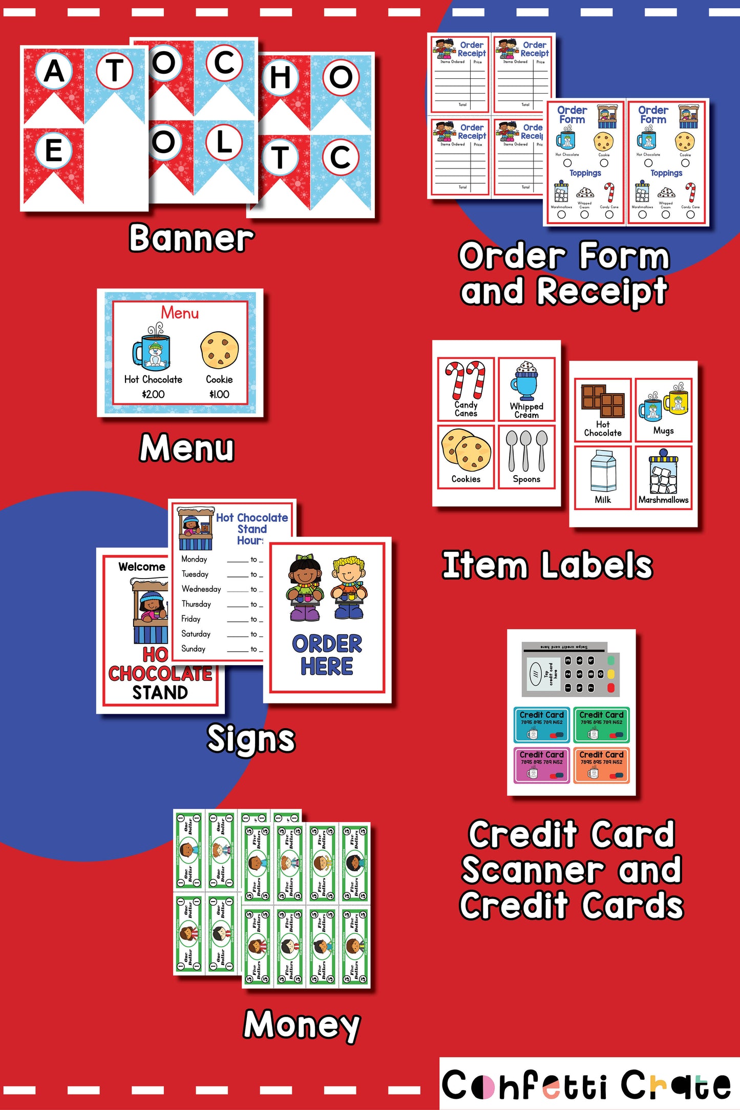 Hot chocolate pretend play printables for the perfect hot cocoa stand.