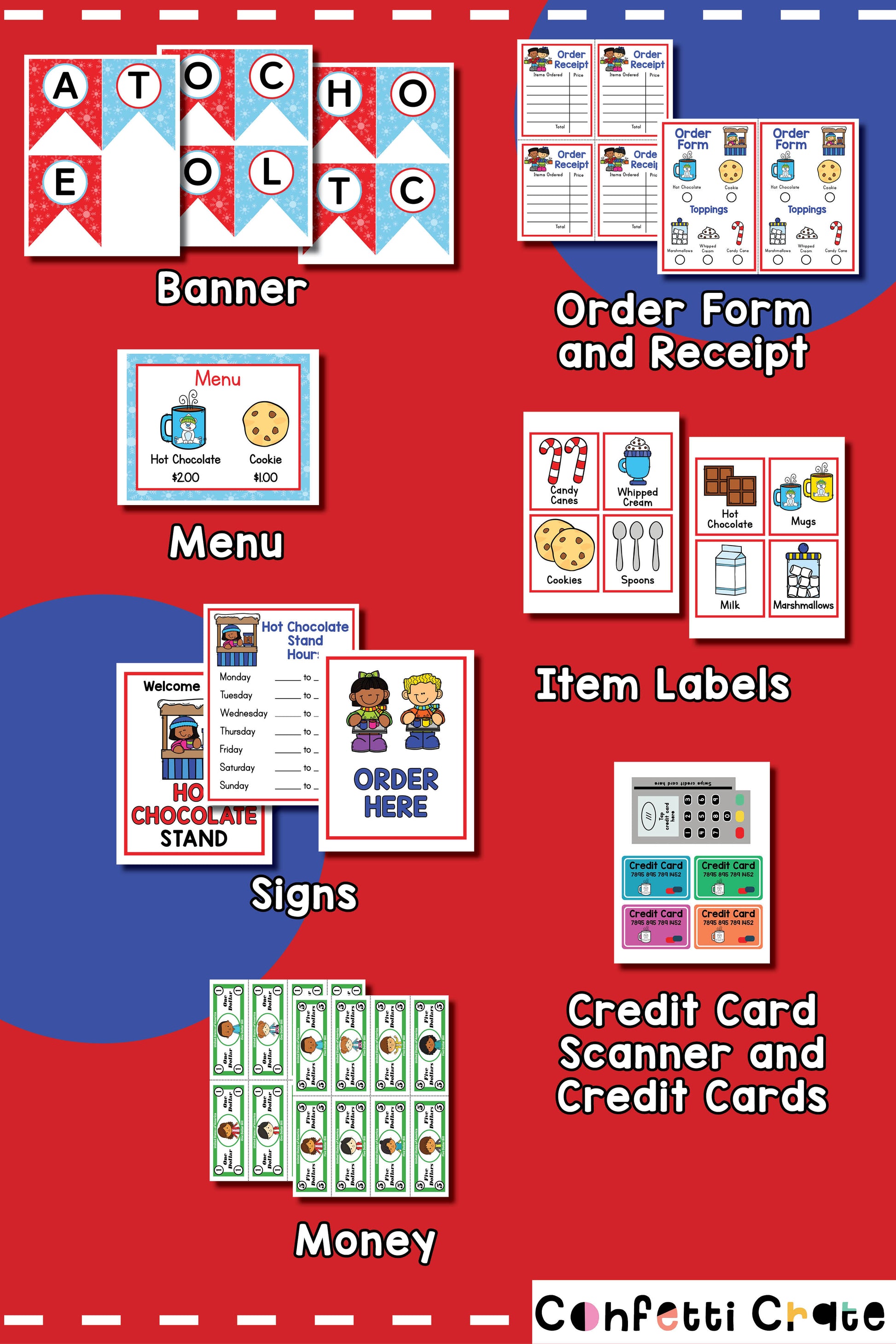 Hot chocolate pretend play printables for the perfect hot cocoa stand.