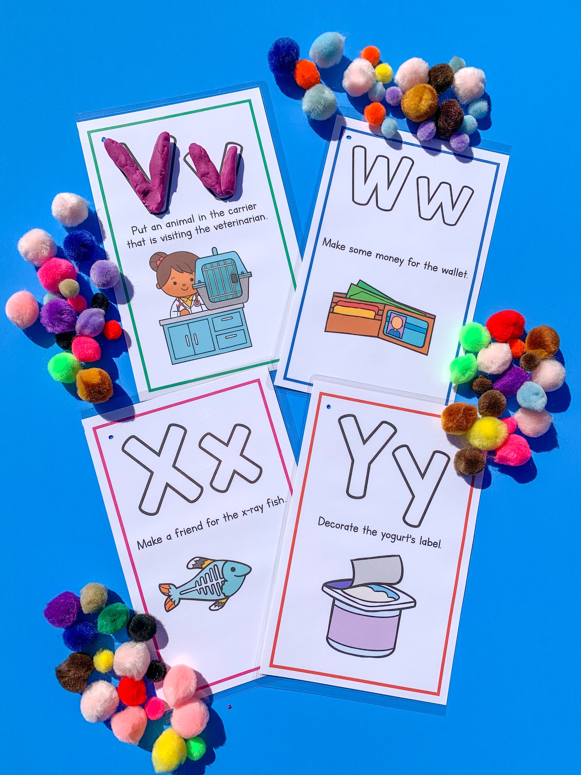 26 printable preschool alphabet playdough mats with adorable activities on 13 printable pages.