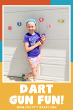 Load image into Gallery viewer, Dart gun printable games that both kids and parents will like. These games can be outside games for kids. They can also be inside games for kids for a rainy day. www.confetticrate.com
