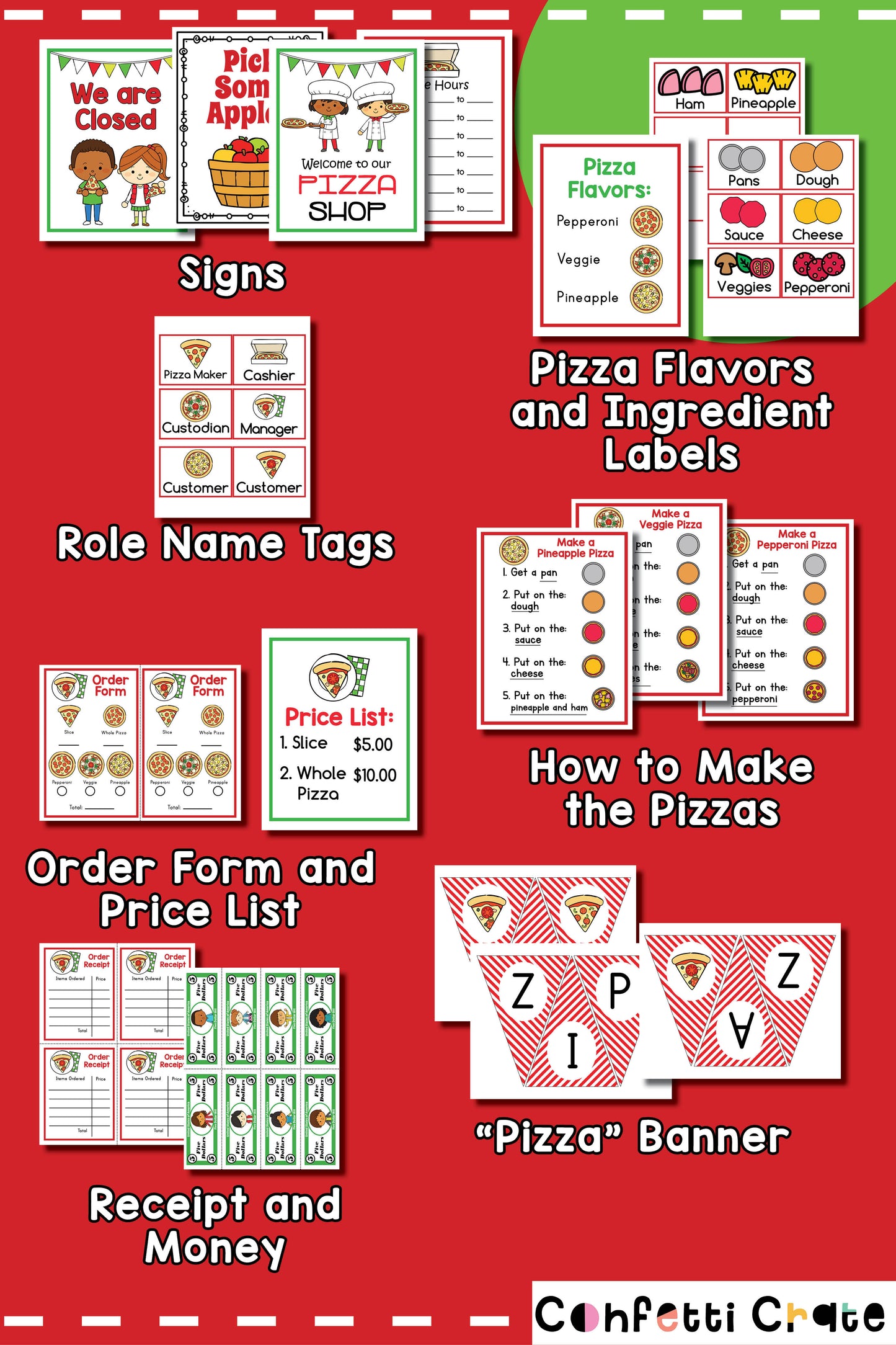 Pizza shop pretend play printables for kids.