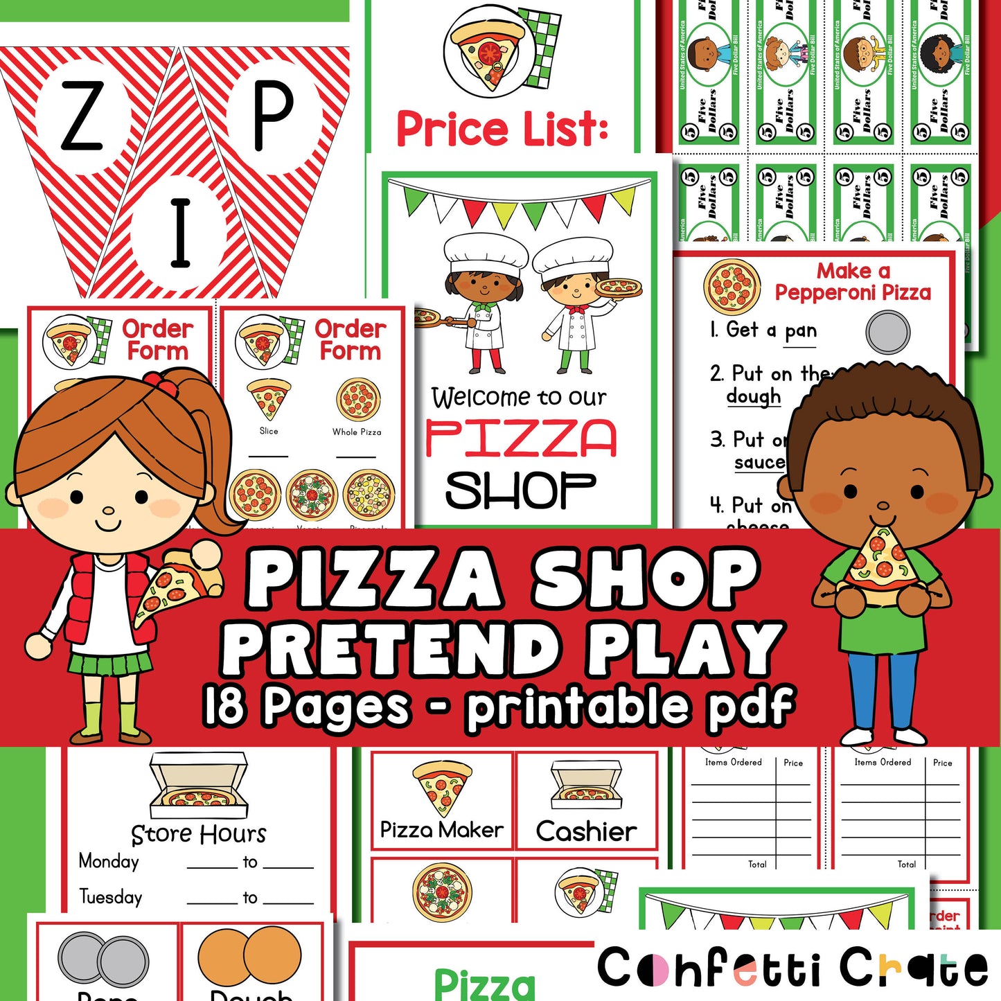 Pizza shop pretend play printables for kids.