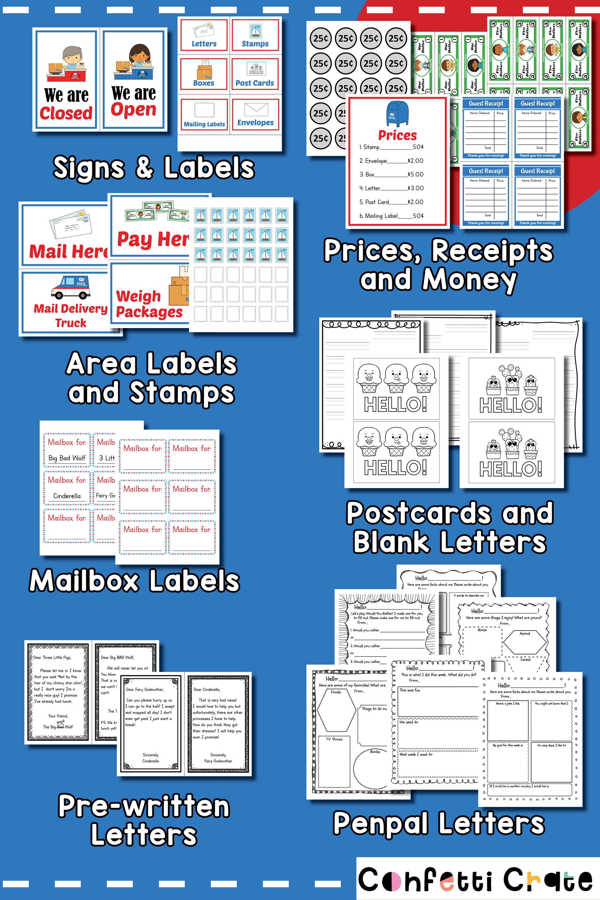 Post office pretend play printables for kids.
