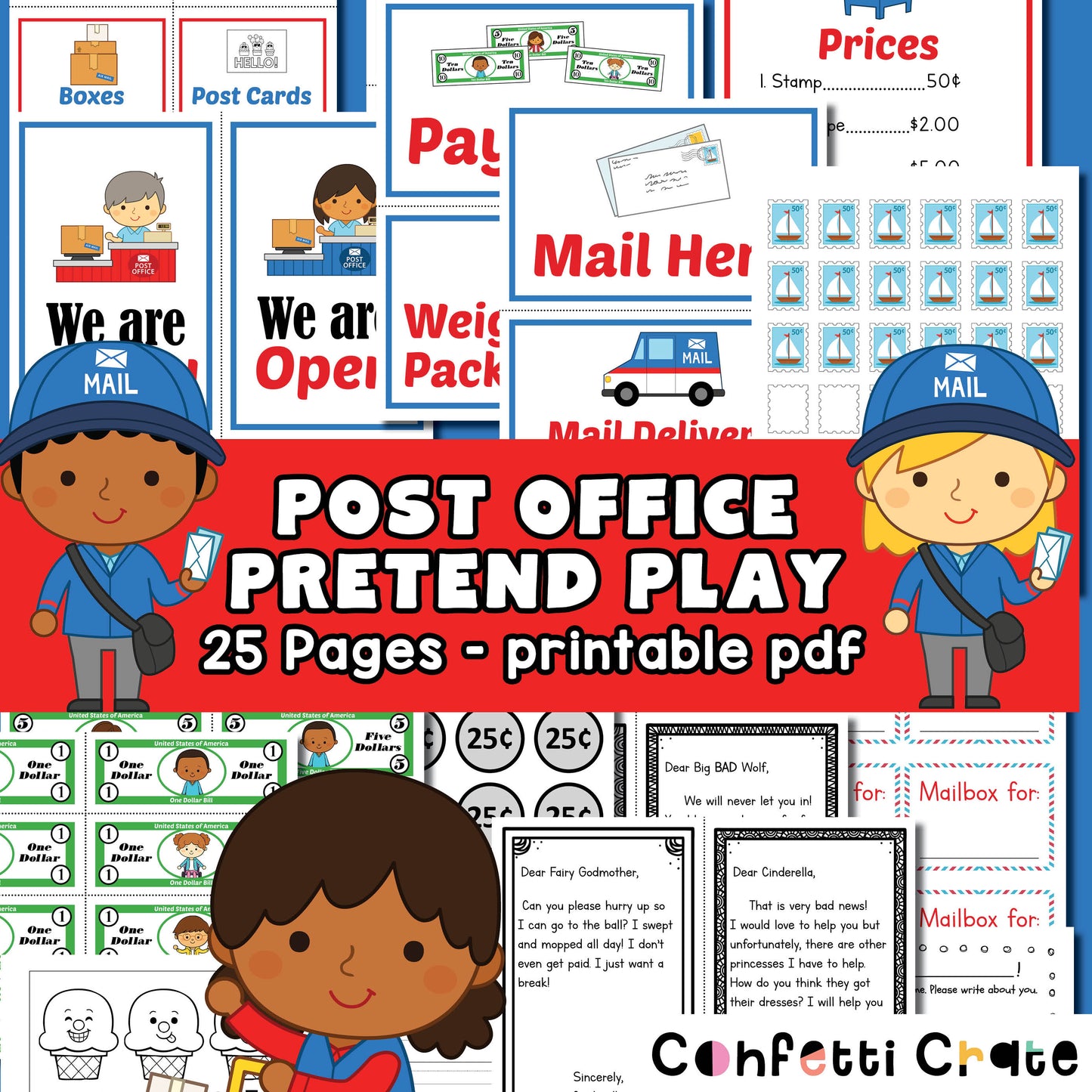 Post office pretend play printables for kids.