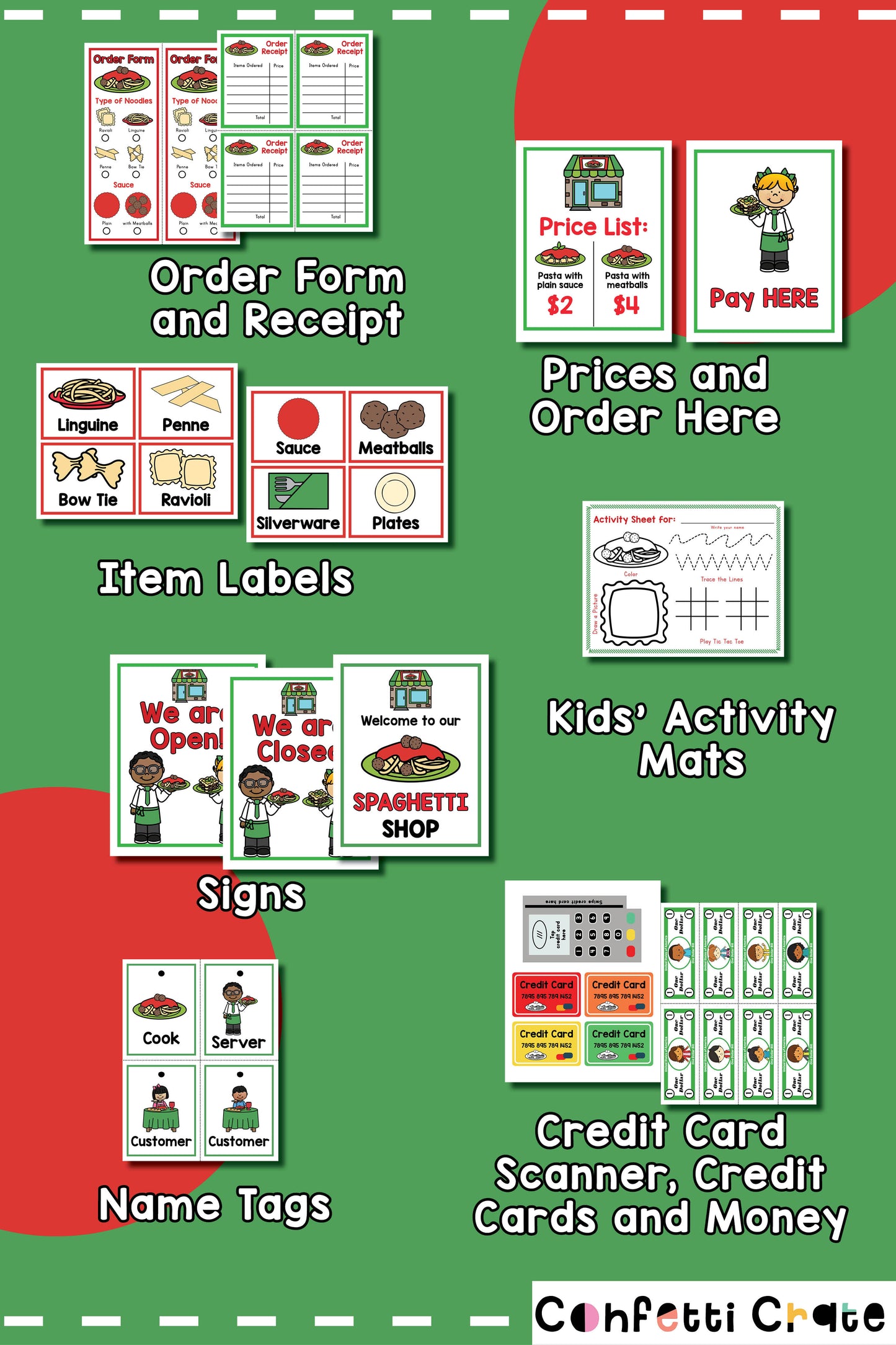Spaghetti restaurant pretend play printables.