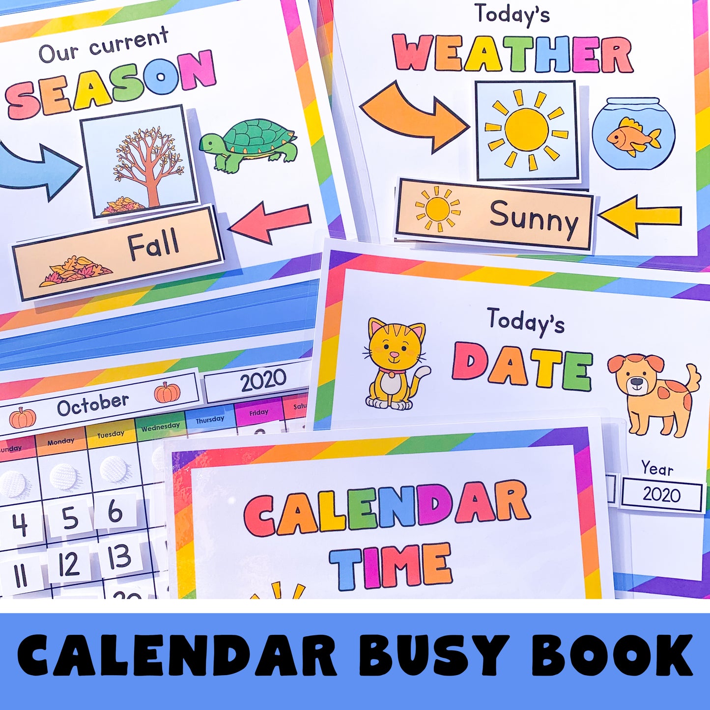 Calendar time printable busy book! This includes 11 printable pages in a pdf file. Includes an activity for: 1. Calendar 2. Today's date 3. Current season 4. Today's weather www.confetticrate.com