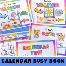 Load image into Gallery viewer, Calendar time printable busy book! This includes 11 printable pages in a pdf file.  Includes an activity for: 1. Calendar 2. Today&#39;s date 3. Current season 4. Today&#39;s weather www.confetticrate.com

