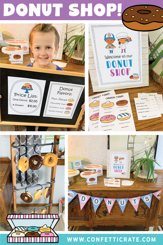 Donut shop dramatic play printables for kids! This is the perfect indoor activity. Also, you can use this for family fun since there will be donuts there! www.confetticrate.com