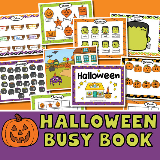 Halloween busy book for preschoolers contains printable learning activities for colors, emotions, shapes, lower case letters, tracing, size, patterns, puzzles, categories, numbers 1-10, face, and a play dough mat.