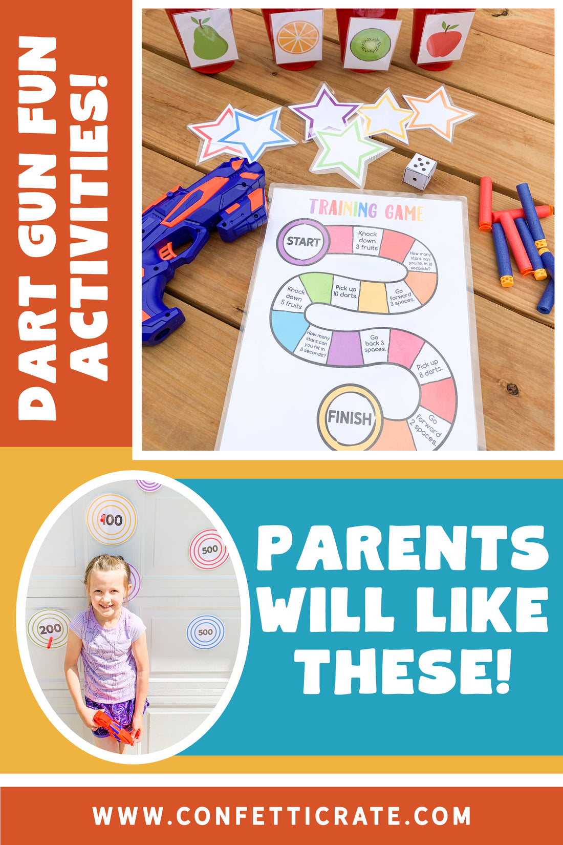 Dart gun printable games that both kids and parents will like. These games can be outside games for kids. They can also be inside games for kids for a rainy day. www.confetticrate.com