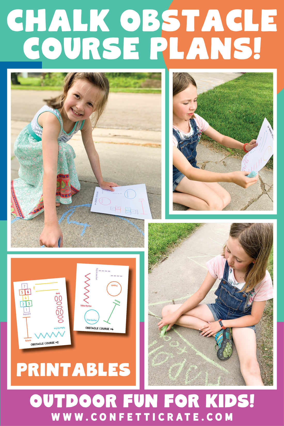 Chalk obstacle course printable plans. Comes with 6 fun plans. Your kids will love drawing these obstacle courses on your driveway or sidewalk with chalk. It is the perfect outside activity for kids because they can be creative and active. www.confetticra