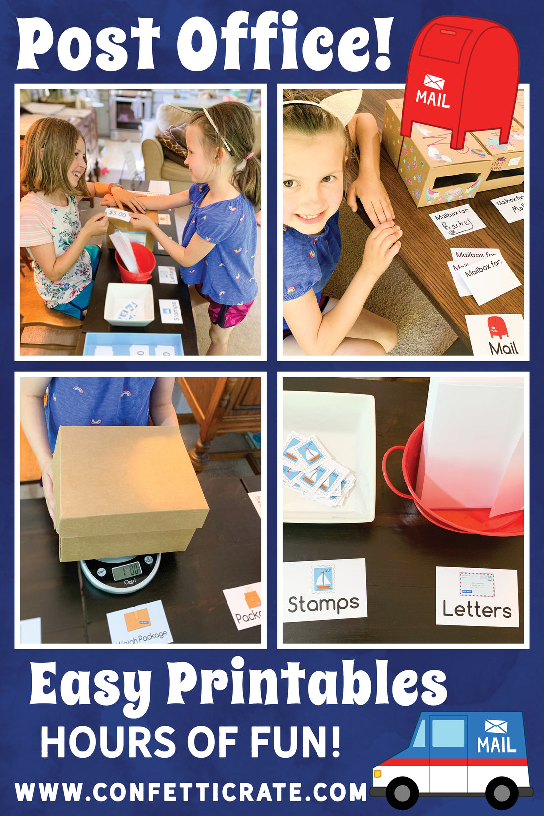 Post office dramatic play printables. These are the perfect indoor activity for your kids to do while you are working from home. www.confetticrate.com