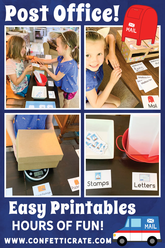 Post office dramatic play printables. These are the perfect indoor activity for your kids to do while you are working from home. www.confetticrate.com