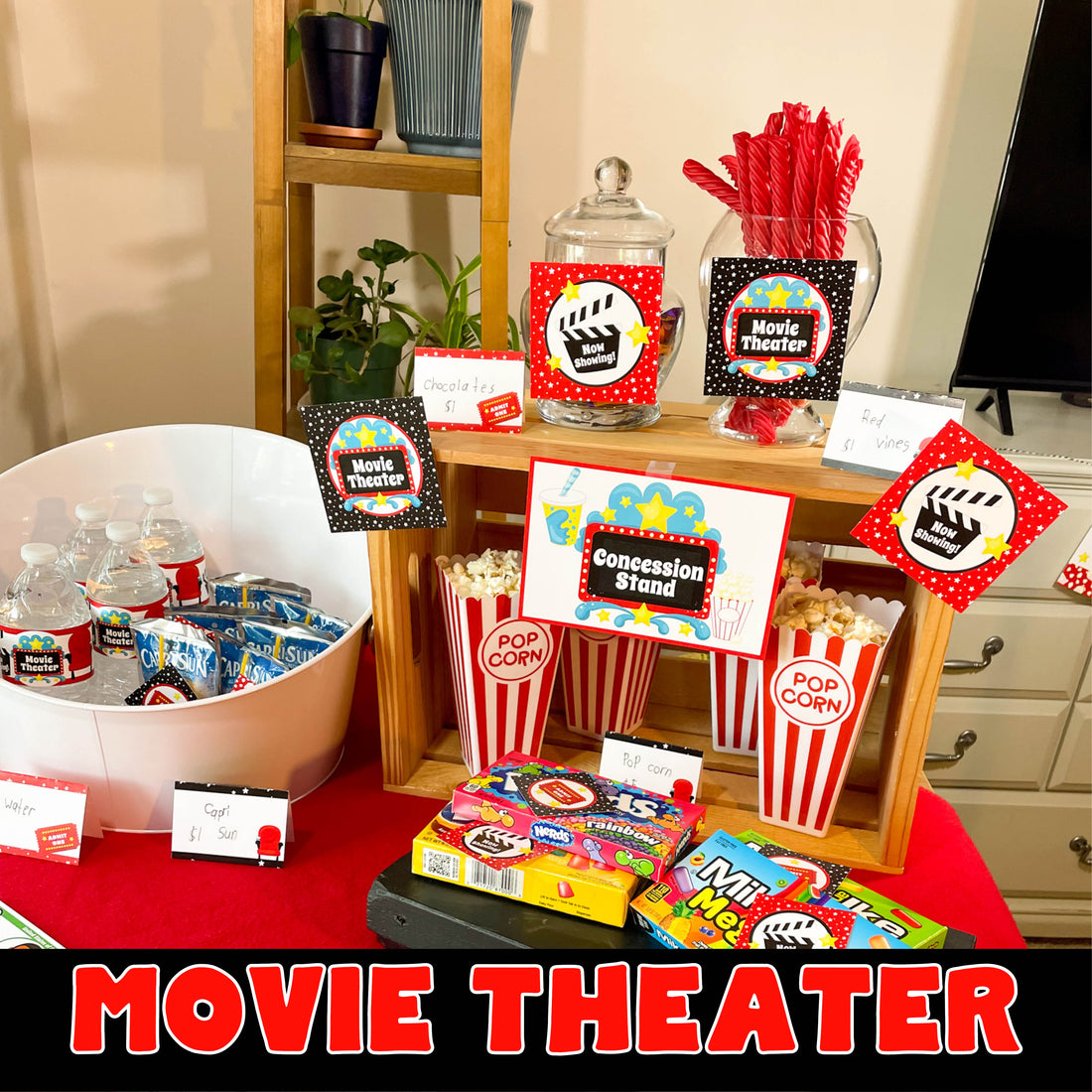 Fun family movie night printables. These include family movie night tickets and concession stand signs. Your kids will love the banner, food tents, and play money.