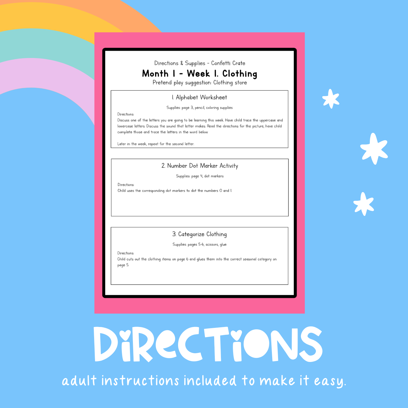 Preschool curriculum includes adult directions for homeschooling families or childcare providers. 
