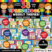An entire year, 38 weeks, of Preschool Curriculum Themed Units in printable PDF files for ages 3-5. This works well for preschool teachers, day care teachers, child care teachers and homeschool preschool families. Each theme has several fun, interactive a