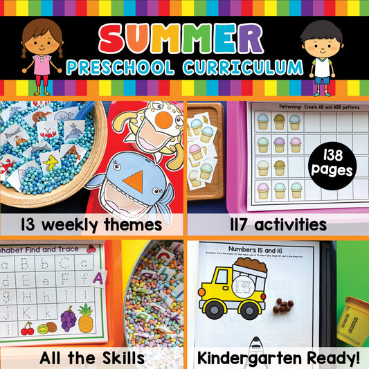 Summer preschool printable curriculum to get your child ready for Kindergarten by Confetti Crate. 