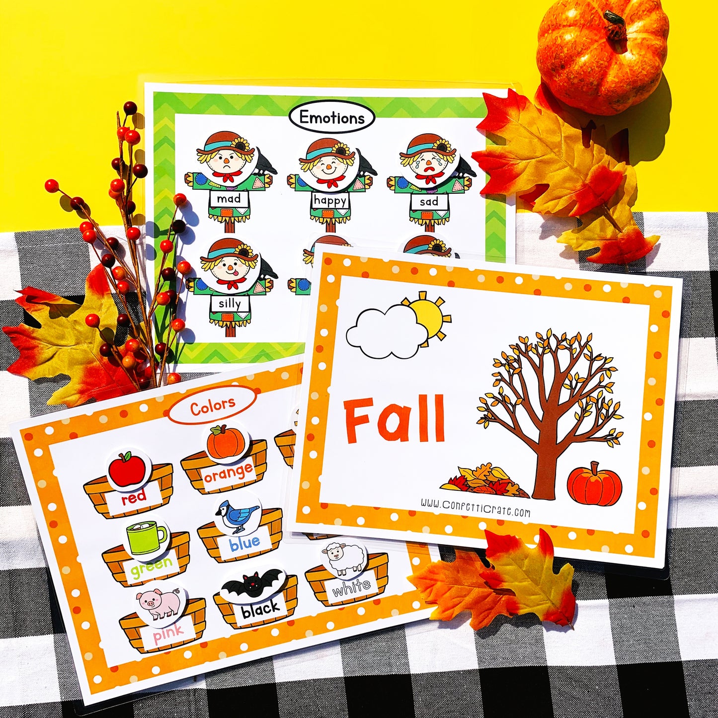 13 fall learning activities for your preschooler in this fall printable busy book! Includes 20 printable pages that include these activities 1. colors 2. emotions 3. clothes for fall 4. shapes 5. sizes 6. letters - uppercase 7. patterns 8. puzzle 9. name 10. trace lines 11. categorize 12. Itsy Bitsy Spider song 13. play dough mat