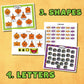 12 Preschool Halloween learning educational printable activities! This includes 19 printable pages.  Includes an activity for: 1. colors 2. emotions 3. shapes 4. lowercase letters 5. trace 6. size 7. patterns 8. puzzle 9. categorize 10. numbers 1-10 11. face 12. play dough mat