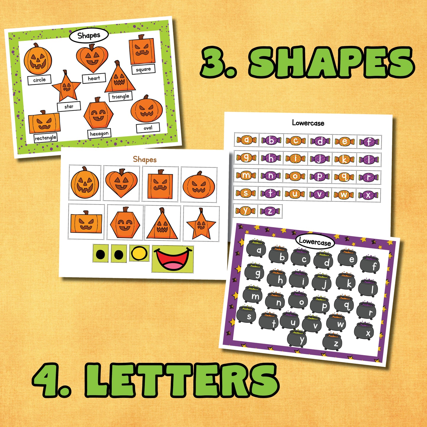 12 Preschool Halloween learning educational printable activities! This includes 19 printable pages.  Includes an activity for: 1. colors 2. emotions 3. shapes 4. lowercase letters 5. trace 6. size 7. patterns 8. puzzle 9. categorize 10. numbers 1-10 11. face 12. play dough mat