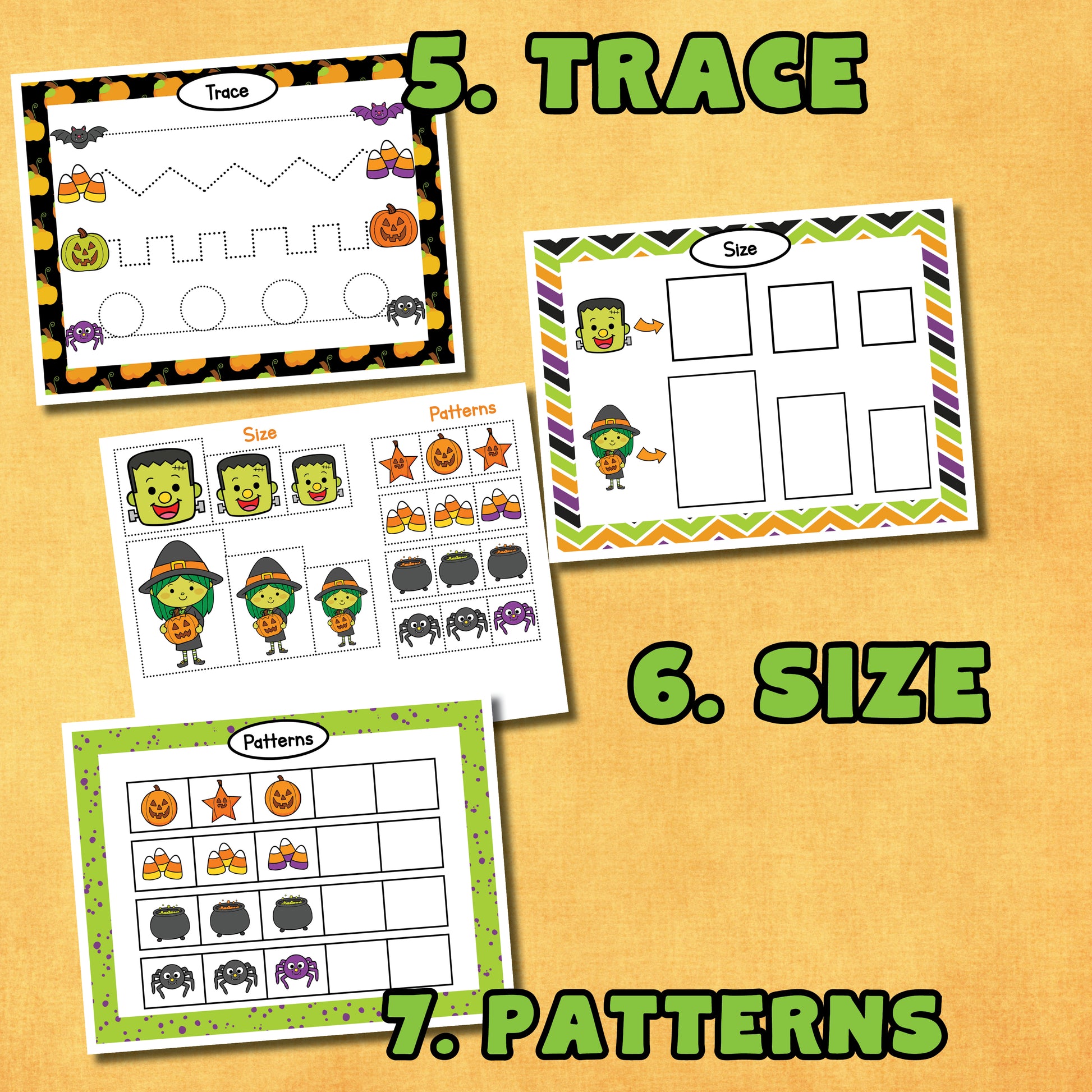 12 Preschool Halloween learning educational printable activities! This includes 19 printable pages.  Includes an activity for: 1. colors 2. emotions 3. shapes 4. lowercase letters 5. trace 6. size 7. patterns 8. puzzle 9. categorize 10. numbers 1-10 11. face 12. play dough mat