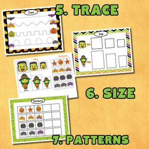 12 Preschool Halloween learning educational printable activities! This includes 19 printable pages.  Includes an activity for: 1. colors 2. emotions 3. shapes 4. lowercase letters 5. trace 6. size 7. patterns 8. puzzle 9. categorize 10. numbers 1-10 11. face 12. play dough mat