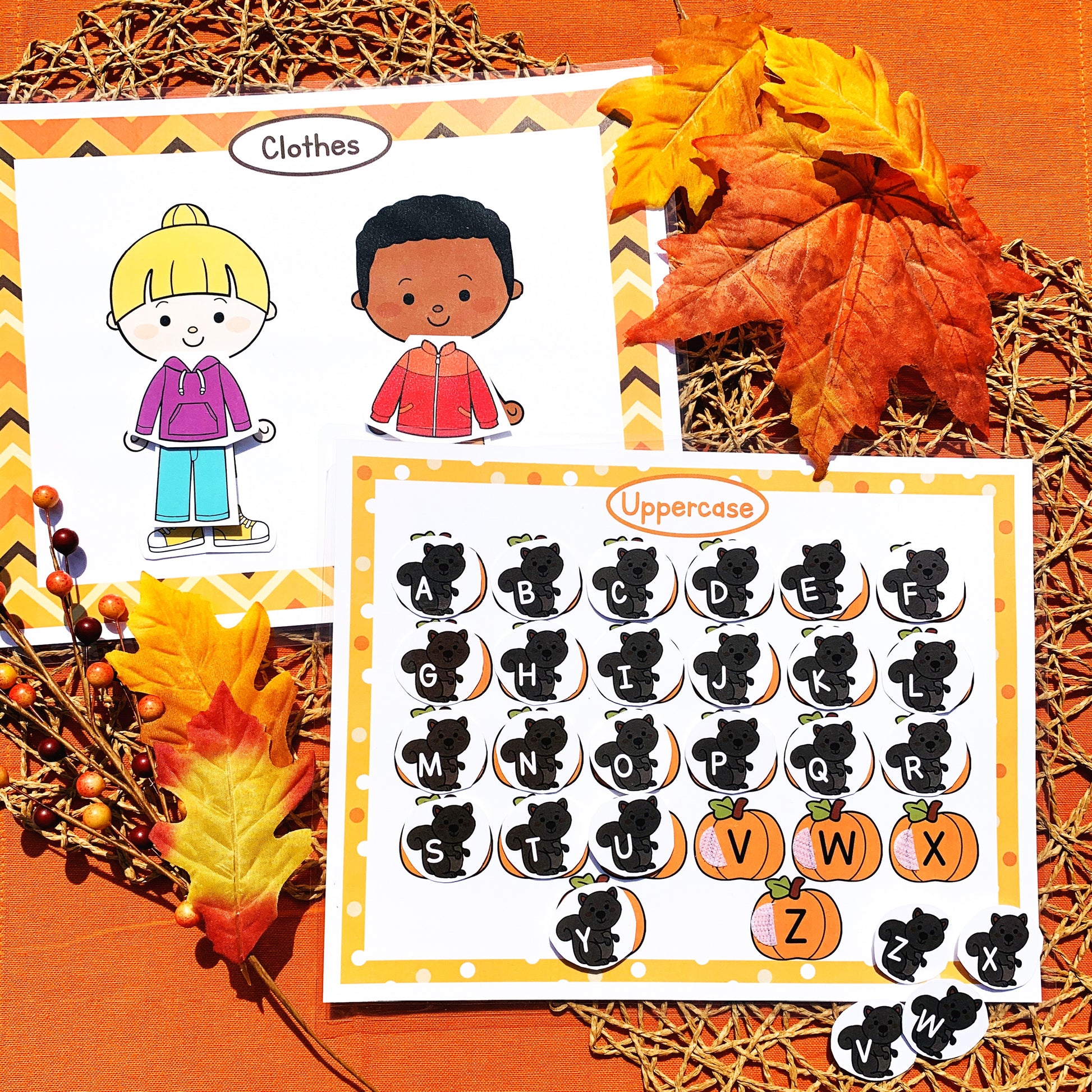 13 fall learning activities for your preschooler in this fall printable busy book! Includes 20 printable pages that include these activities 1. colors 2. emotions 3. clothes for fall 4. shapes 5. sizes 6. letters - uppercase 7. patterns 8. puzzle 9. name 10. trace lines 11. categorize 12. Itsy Bitsy Spider song 13. play dough mat