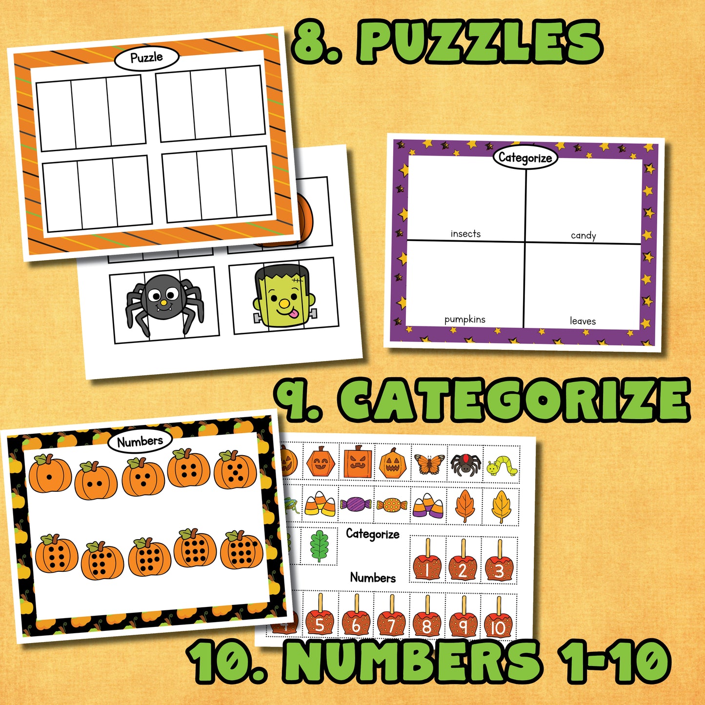 12 Preschool Halloween learning educational printable activities! This includes 19 printable pages.  Includes an activity for: 1. colors 2. emotions 3. shapes 4. lowercase letters 5. trace 6. size 7. patterns 8. puzzle 9. categorize 10. numbers 1-10 11. face 12. play dough mat