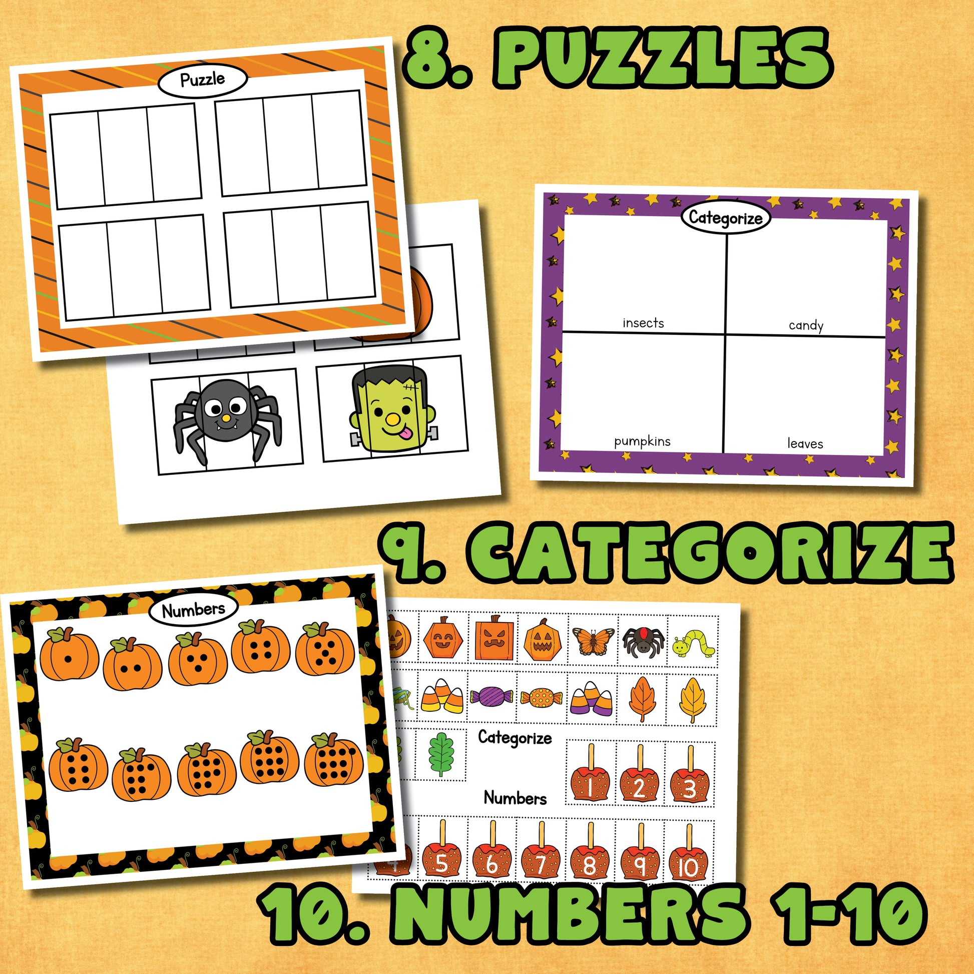 12 Preschool Halloween learning educational printable activities! This includes 19 printable pages.  Includes an activity for: 1. colors 2. emotions 3. shapes 4. lowercase letters 5. trace 6. size 7. patterns 8. puzzle 9. categorize 10. numbers 1-10 11. face 12. play dough mat