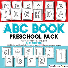 Load image into Gallery viewer, Preschool Alphabet Books with Upper Case and Lower Case Letters  Outlined ABC books for the preschooler or Kindergartner to color or use in crafting projects. www.confetticrate.com
