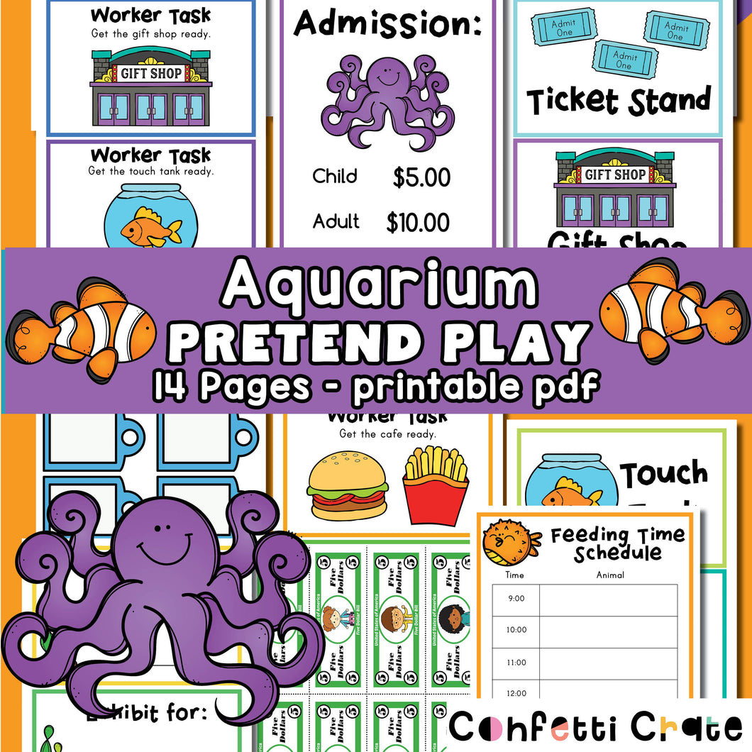 Aquarium pretend play printables for kids.