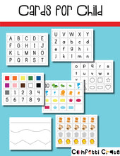 Load image into Gallery viewer, Preschool Assessment Forms with Cards for the Child  These assessment sheets assess the child’s ability with:  Letters  Shapes  Colors  Letter Sounds  Numbers  Misc. other questions. www.confetticrate.com
