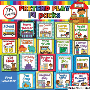 Pretend play printables bundle includes the printable files for 19 pretend play packs.