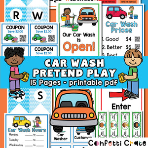 Car wash pretend play printables for kids. 