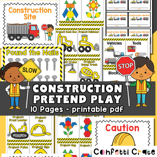 Construction pretend play printables for kids. 