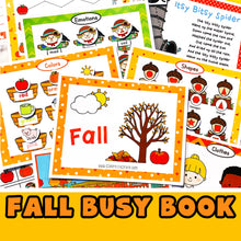 Load image into Gallery viewer, 13 fall learning activities for your preschooler in this fall printable busy book! Includes 20 printable pages that include these activities 1. colors 2. emotions 3. clothes for fall 4. shapes 5. sizes 6. letters - uppercase 7. patterns 8. puzzle 9. name 10. trace lines 11. categorize 12. Itsy Bitsy Spider song 13. play dough mat
