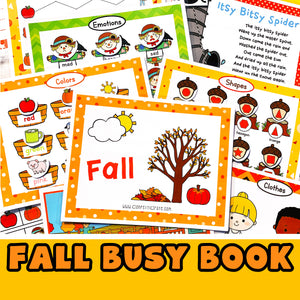 13 fall learning activities for your preschooler in this fall printable busy book! Includes 20 printable pages that include these activities 1. colors 2. emotions 3. clothes for fall 4. shapes 5. sizes 6. letters - uppercase 7. patterns 8. puzzle 9. name 10. trace lines 11. categorize 12. Itsy Bitsy Spider song 13. play dough mat