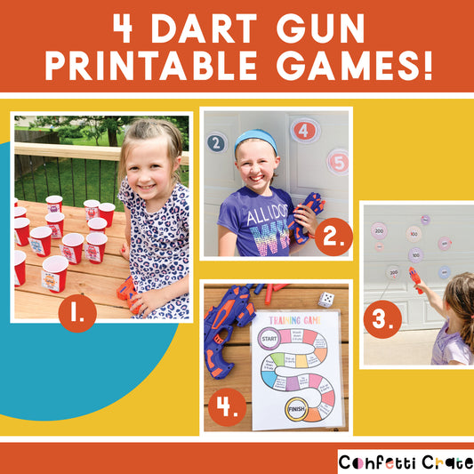 Dart gun printable games that both kids and parents will like. These games can be outside games for kids. They can also be inside games for kids for a rainy day. www.confetticrate.com